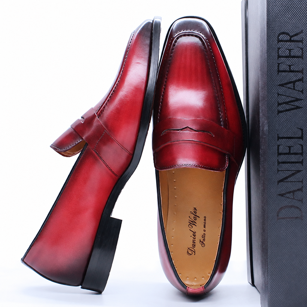Men's genuine leather penny loafers red slip-on dress shoes
