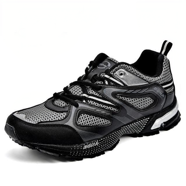 Men's classic running shoes black gray lace-up jogging sneakers clean product photo