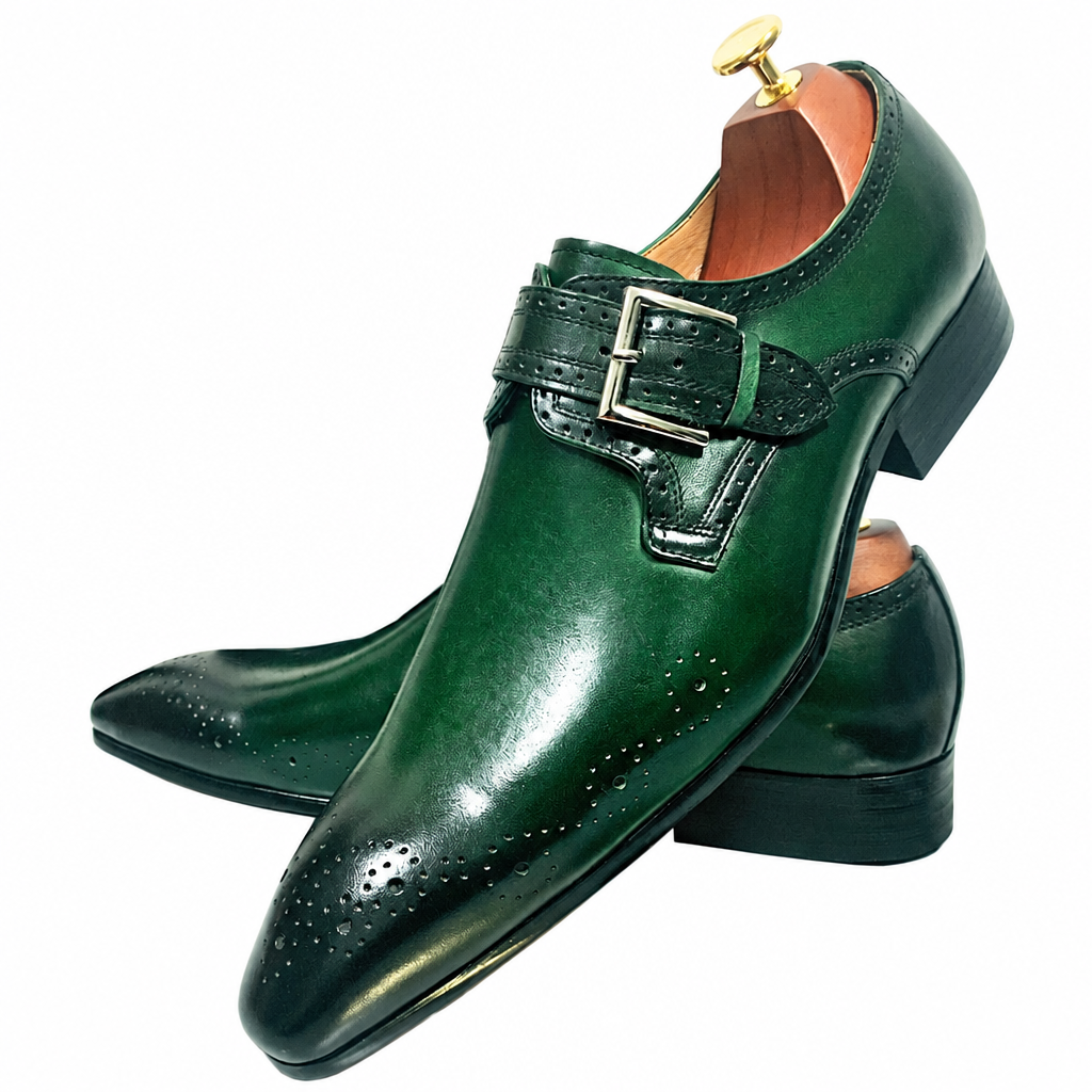 Men's genuine leather monk strap loafers green dress shoes