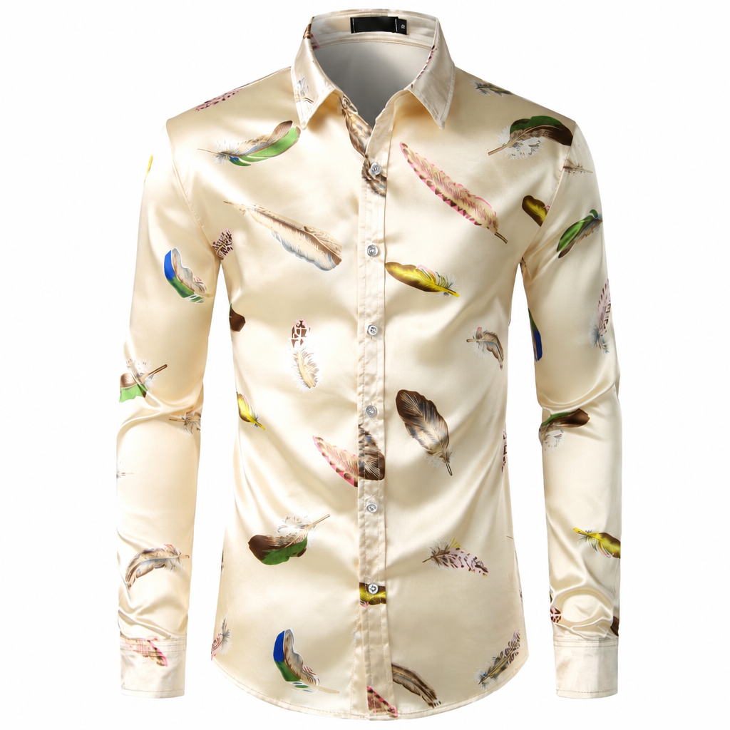 Men's feather print satin long sleeve button-down silk shirt cream