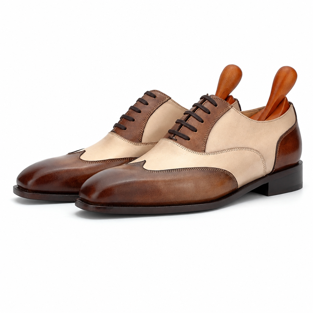 Men's full grain calf leather oxford office dress shoes brown beige