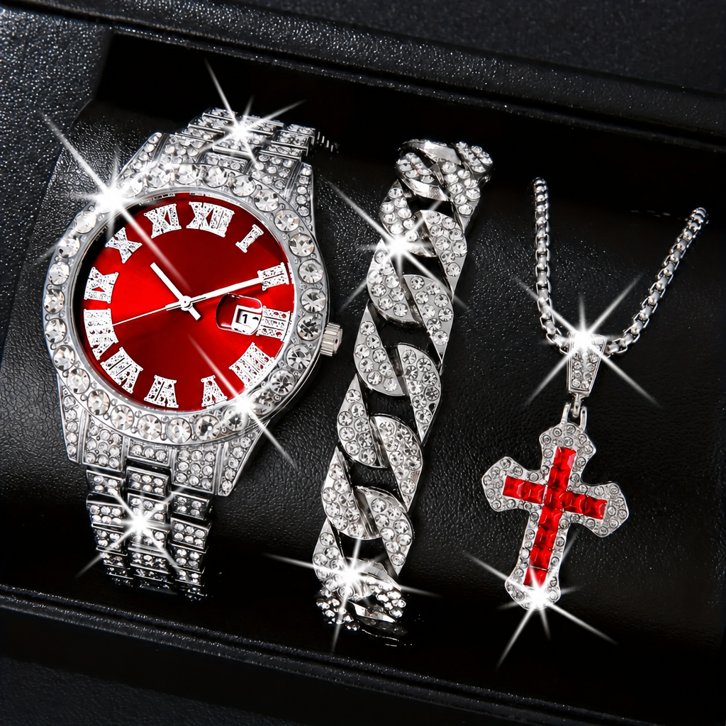 Men's 3-piece diamond quartz watch bracelet and necklace set