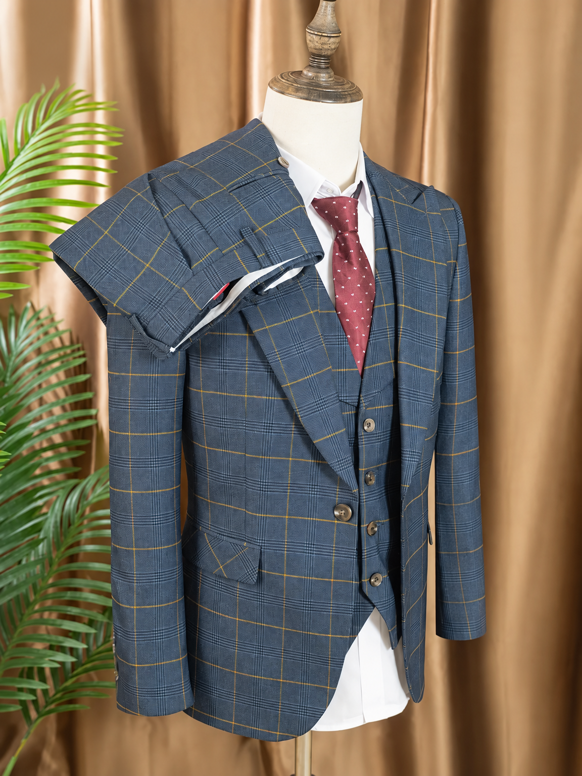 Men's 3-piece blue checkered business wedding suit