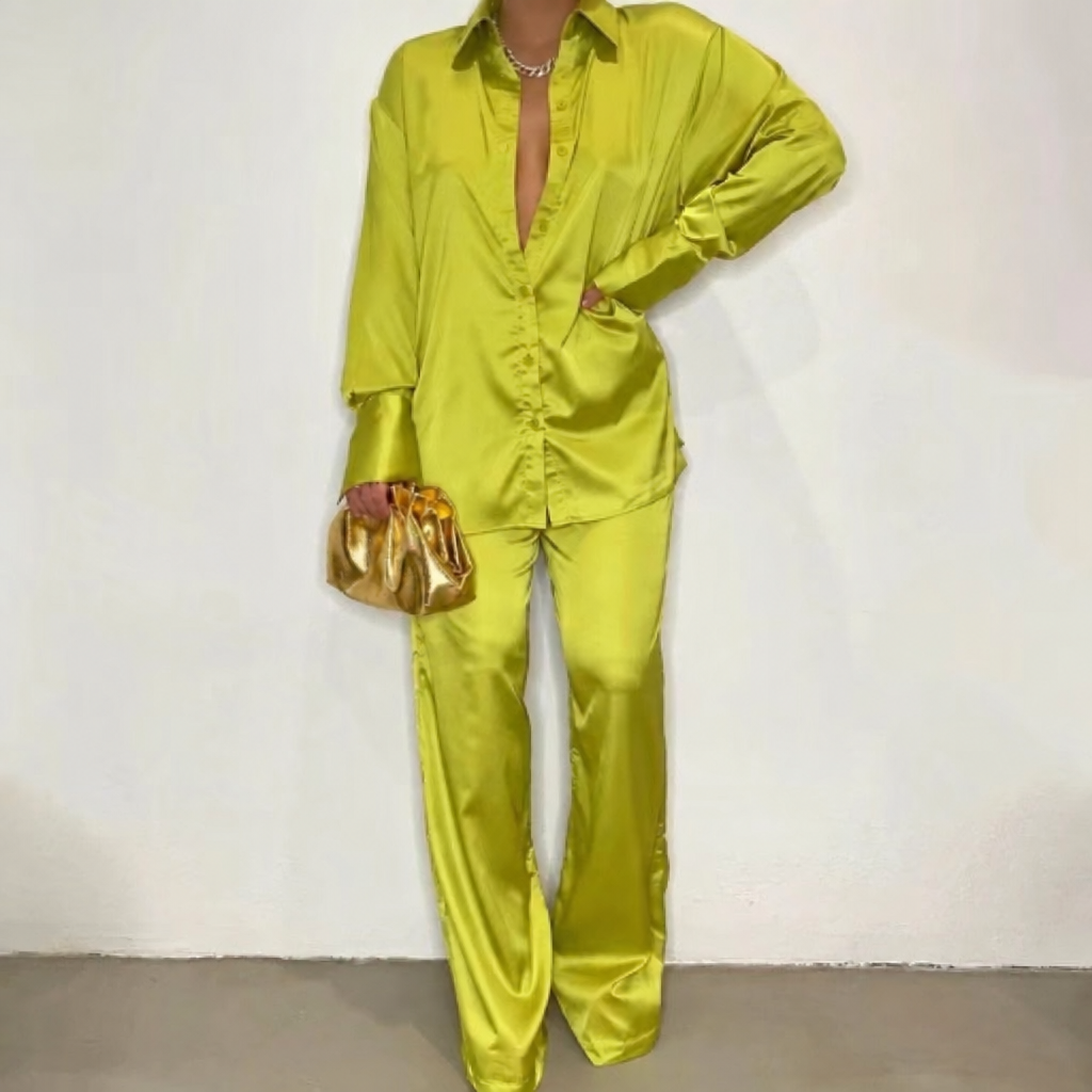 Women's lime green satin shirt and pants set