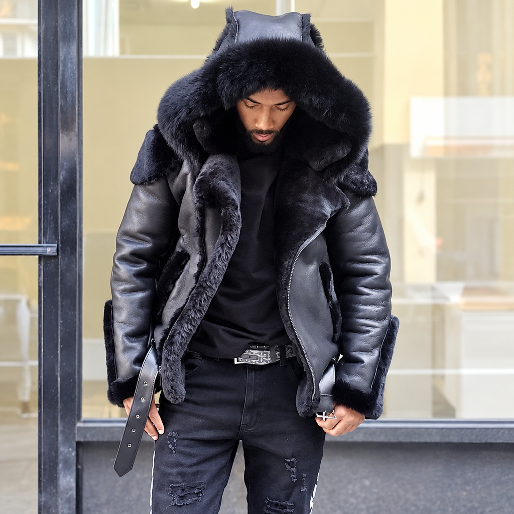 Men's faux leather fur collar wool-lined winter jacket black