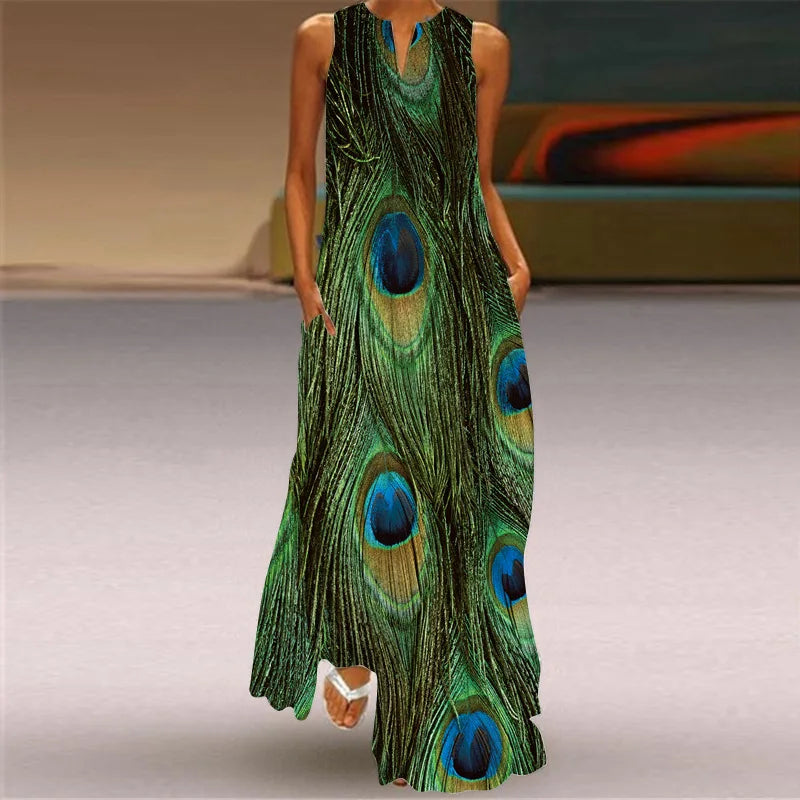 Women's V-Neck Sleeveless Retro Print Maxi Sundress with Pockets