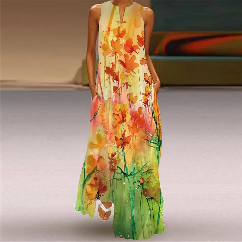 Women's V-Neck Sleeveless Retro Print Maxi Sundress with Pockets