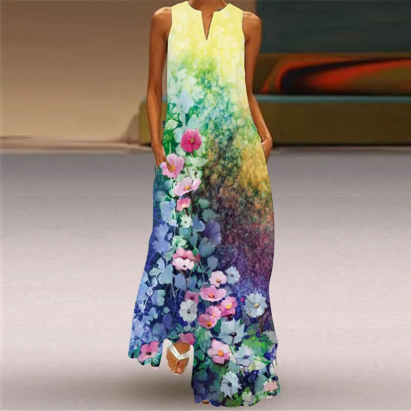 Women's V-Neck Sleeveless Retro Print Maxi Sundress with Pockets
