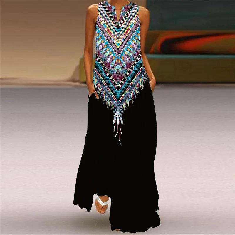 Women's V-Neck Sleeveless Retro Print Maxi Sundress with Pockets
