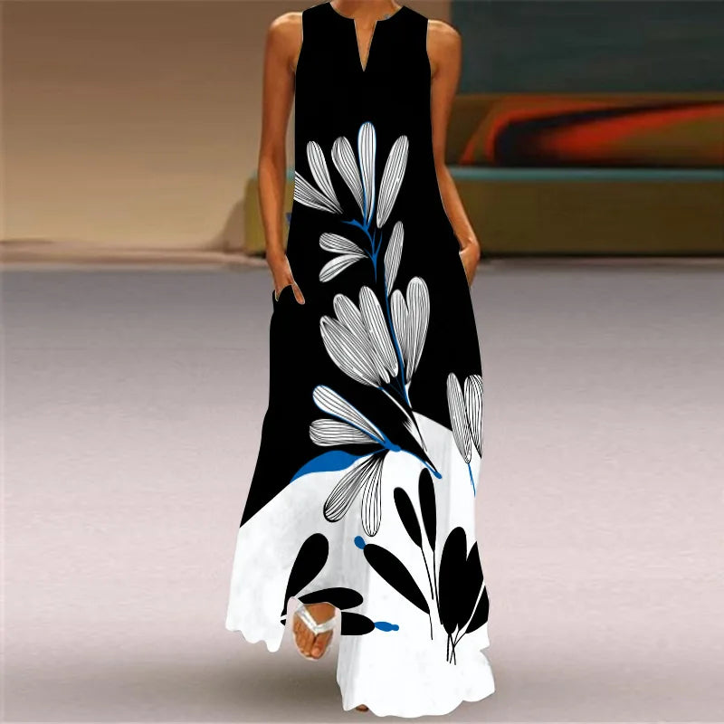 Women's V-Neck Sleeveless Retro Print Maxi Sundress with Pockets