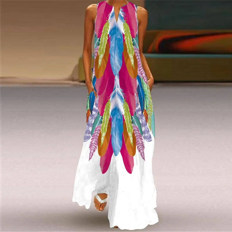Women's V-Neck Sleeveless Retro Print Maxi Sundress with Pockets