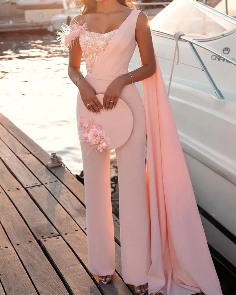 Women's Sequined Feather One-Shoulder Pink Evening Jumpsuit