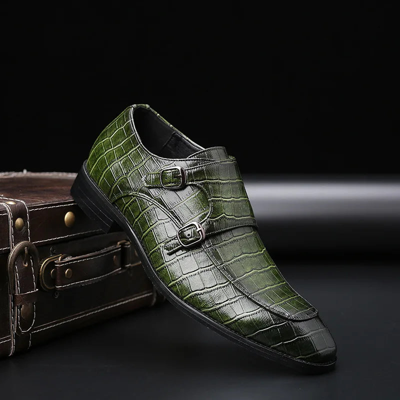 Men's crocodile grain leather buckle dress shoe detail