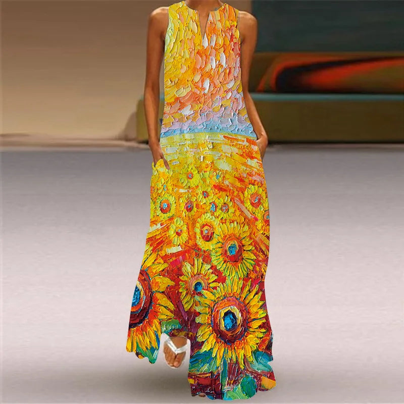 Women's V-Neck Sleeveless Retro Print Maxi Sundress with Pockets