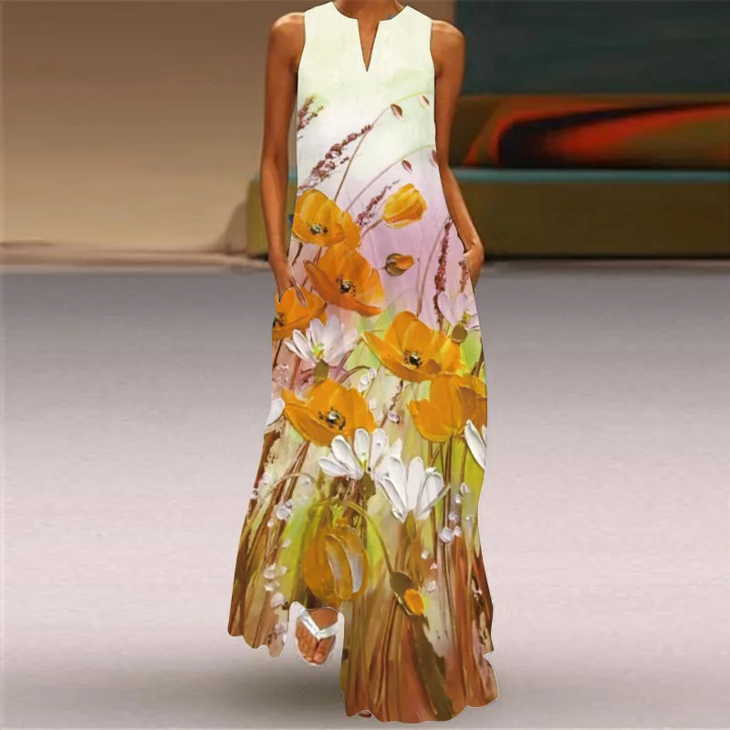 Women's V-Neck Sleeveless Retro Print Maxi Sundress with Pockets