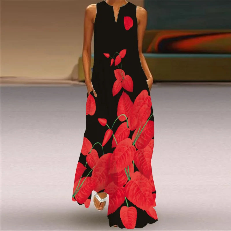 Women's V-Neck Sleeveless Retro Print Maxi Sundress with Pockets