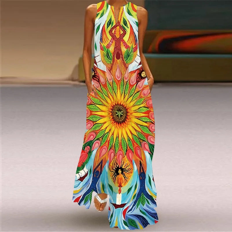 Women's V-Neck Sleeveless Retro Print Maxi Sundress with Pockets
