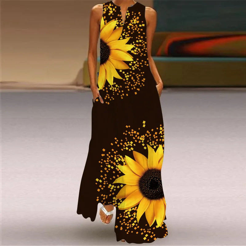 Women's V-Neck Sleeveless Retro Print Maxi Sundress with Pockets