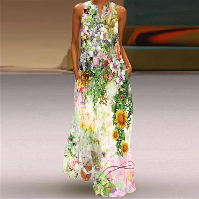 Women's V-Neck Sleeveless Retro Print Maxi Sundress with Pockets