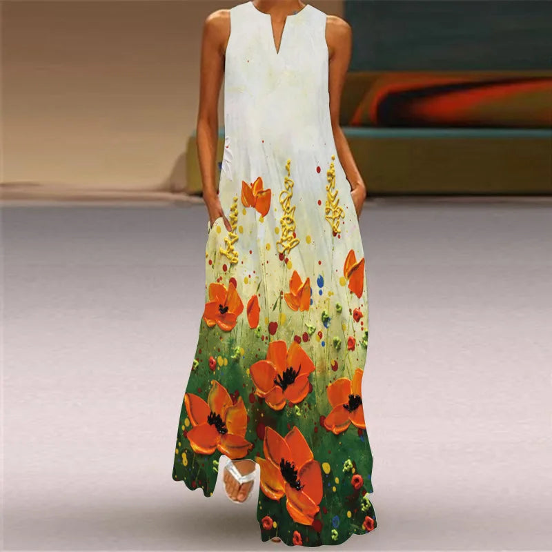 Women's V-Neck Sleeveless Retro Print Maxi Sundress with Pockets