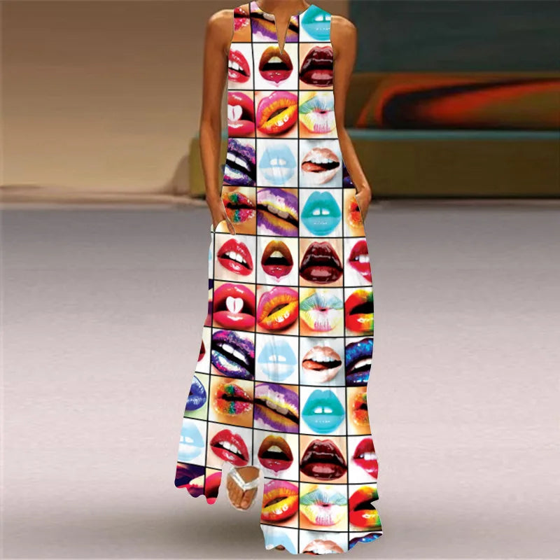 Women's V-Neck Sleeveless Retro Print Maxi Sundress with Pockets