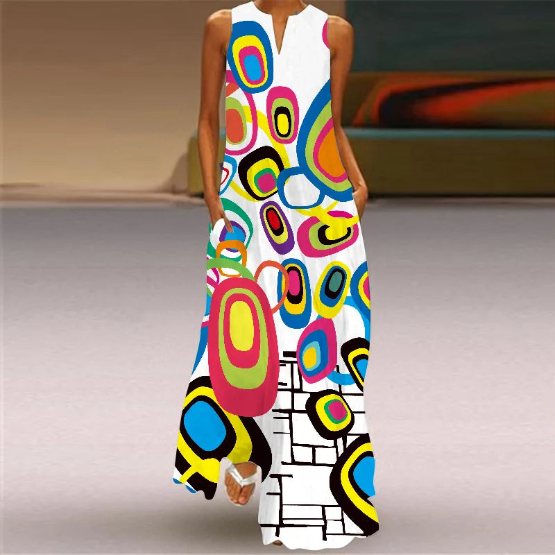 Women's V-Neck Sleeveless Retro Print Maxi Sundress with Pockets