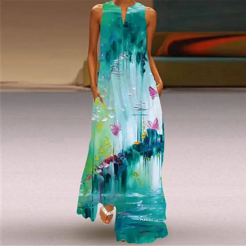 Women's V-Neck Sleeveless Retro Print Maxi Sundress with Pockets
