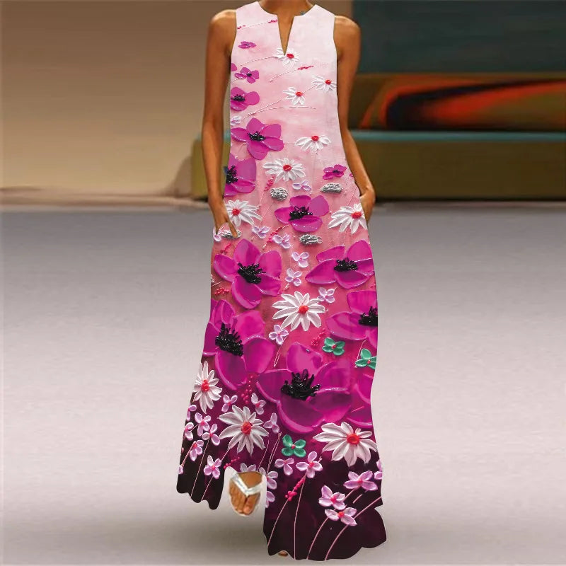 Women's V-Neck Sleeveless Retro Print Maxi Sundress with Pockets