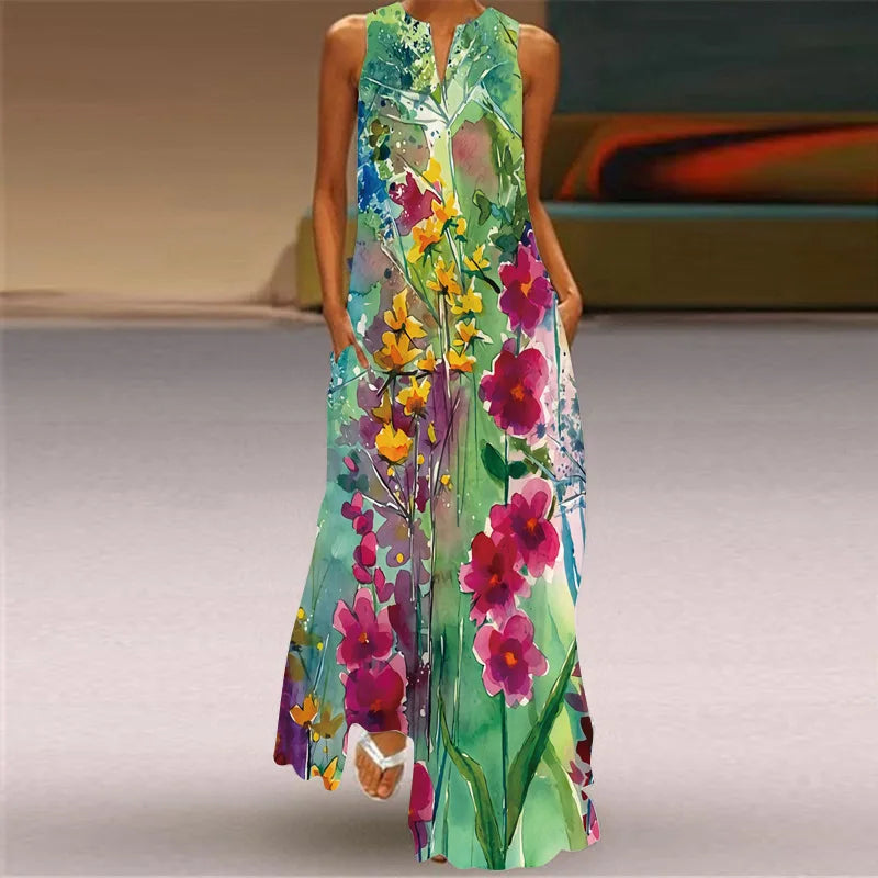 Women's V-Neck Sleeveless Retro Print Maxi Sundress with Pockets