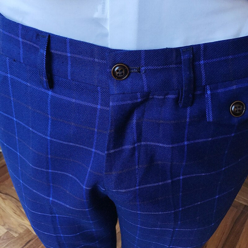 Toamna 2021, pantaloni de costum pentru bărbați, pantaloni subțiri în carouri, pantaloni de costum casual de afaceri, din bumbac, în carouri