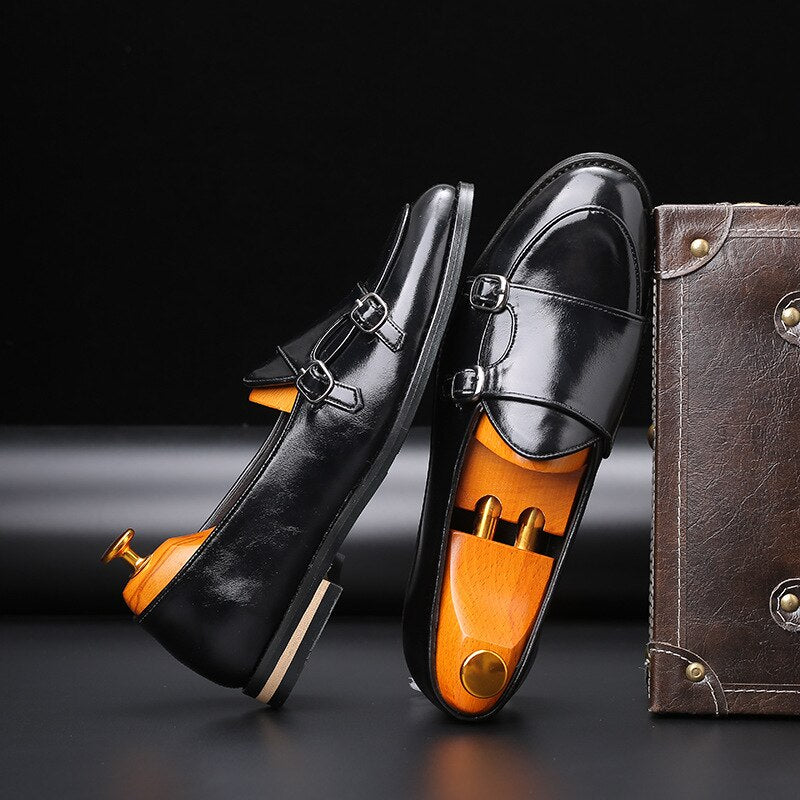 Men's Handmade Retro Double Monk Strap Leather Loafer Flats