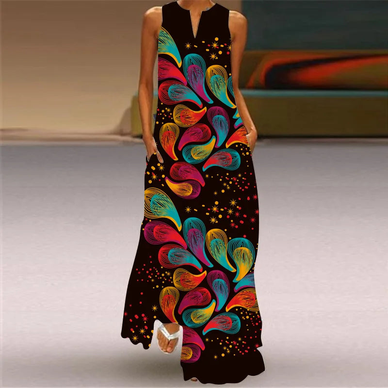 Women's V-Neck Sleeveless Retro Print Maxi Sundress with Pockets