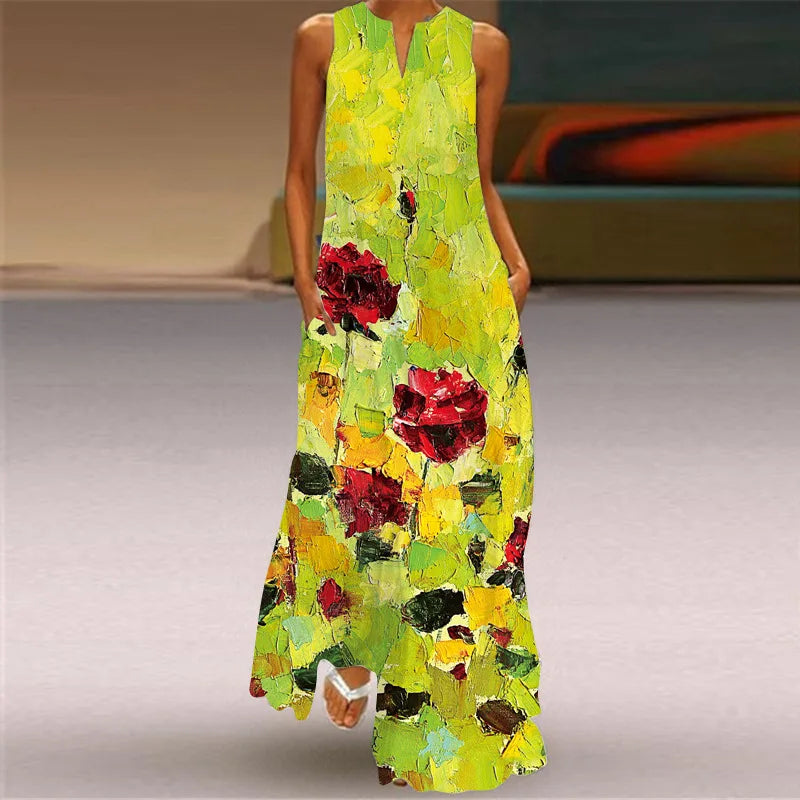 Women's V-Neck Sleeveless Retro Print Maxi Sundress with Pockets