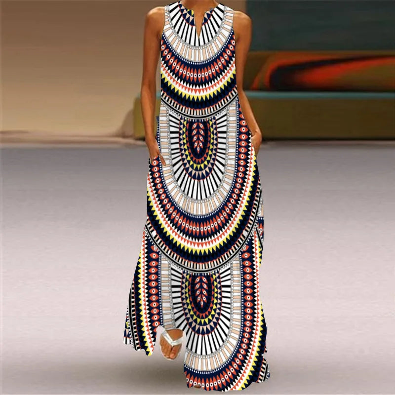 Women's V-Neck Sleeveless Retro Print Maxi Sundress with Pockets