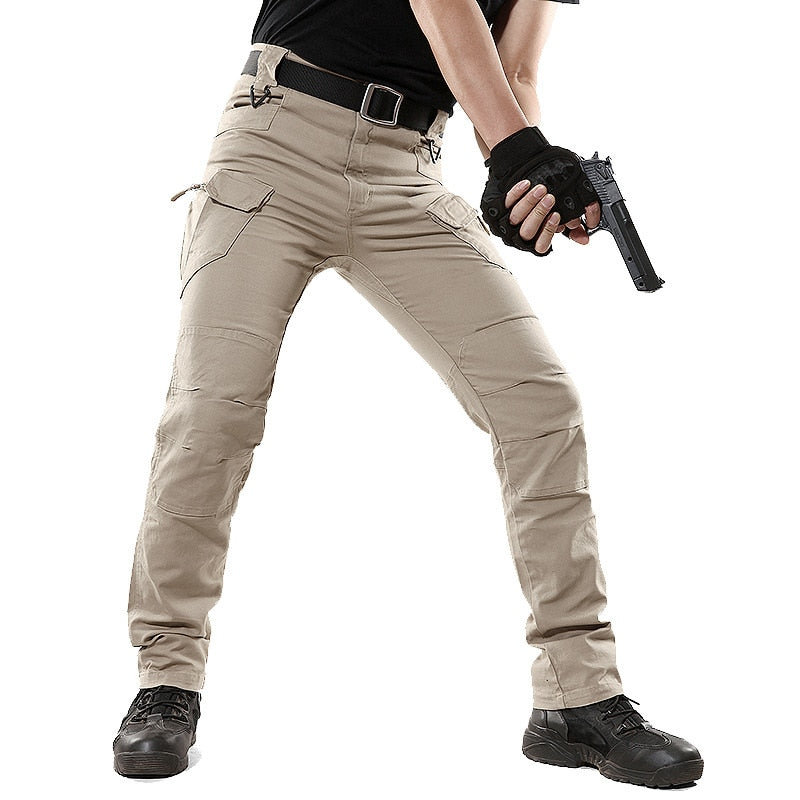 Men's khaki tactical cargo pants action pose product photo