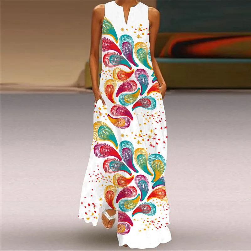 Women's V-Neck Sleeveless Retro Print Maxi Sundress with Pockets