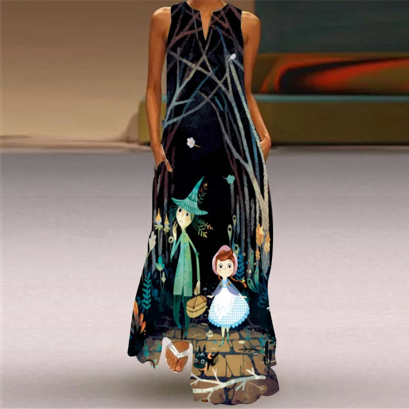 Women's V-Neck Sleeveless Retro Print Maxi Sundress with Pockets