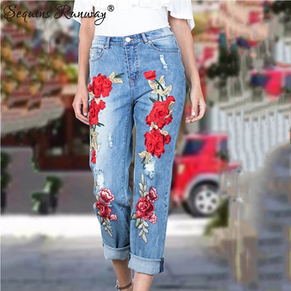 Women's Vintage Embroidery Baggy Streetwear Denim Jeans