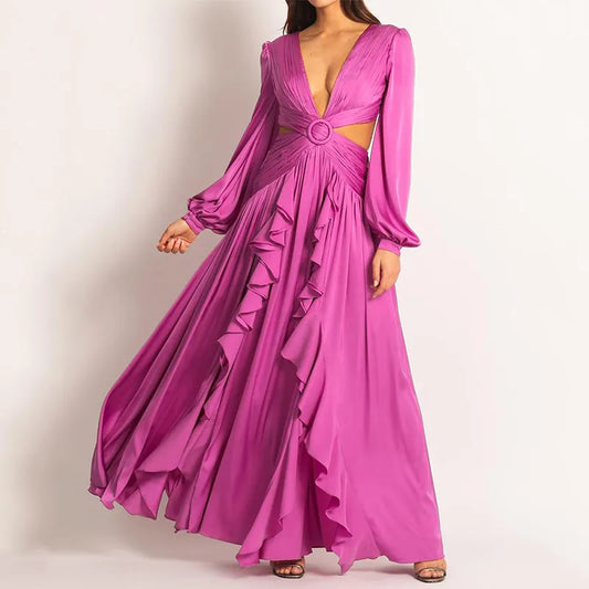 Ellafads Women Maxi Dress Elegant High Waist V-neck Lantern Sleeve Hollow Out Pleated Solid Color Ruffled Party Long Dresses