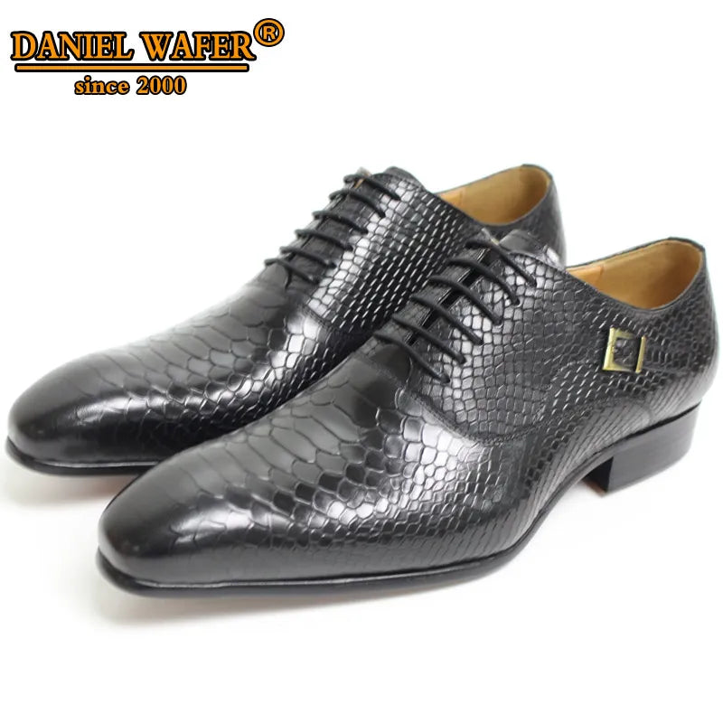 Men's Snake Print Coffee Black Pointed Toe Lace-Up Oxford Dress Shoes