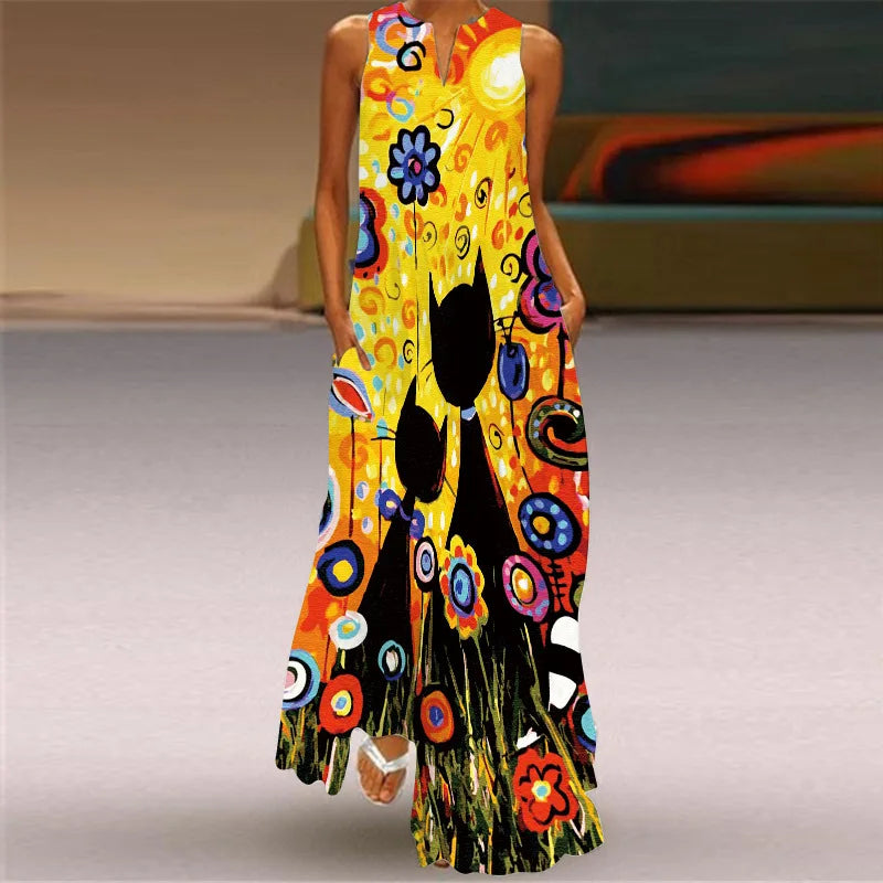 Women's V-Neck Sleeveless Retro Print Maxi Sundress with Pockets