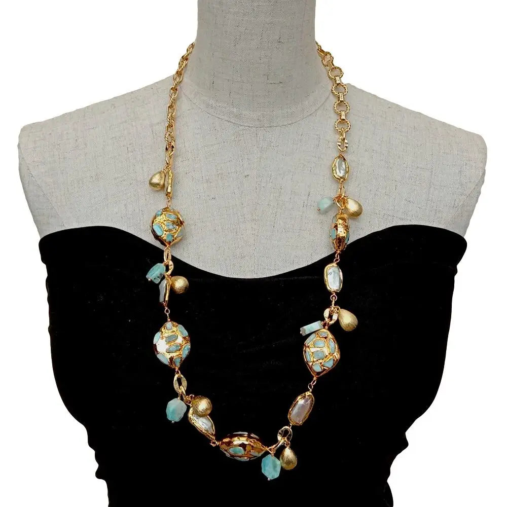 Women's Blue Larimar White Biwa Pearl Gold Chain Necklace 30"