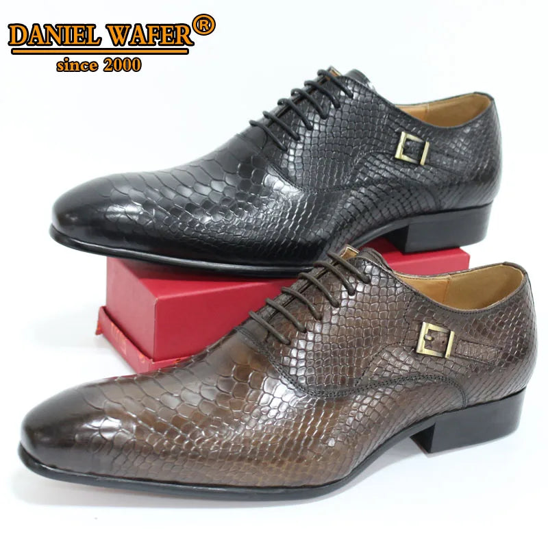 Men's Snake Print Coffee Black Pointed Toe Lace-Up Oxford Dress Shoes