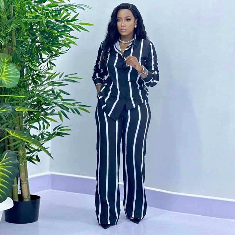 Women's African Stripe Shirt and Wide-Leg Pants Set