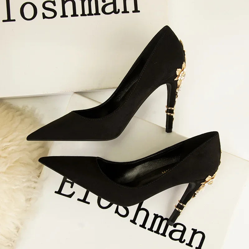 High End Metal Flower High Heels New European American Fashion Luxury Sexy Pointed Women's Shoes Banquet Party Casual Shoes