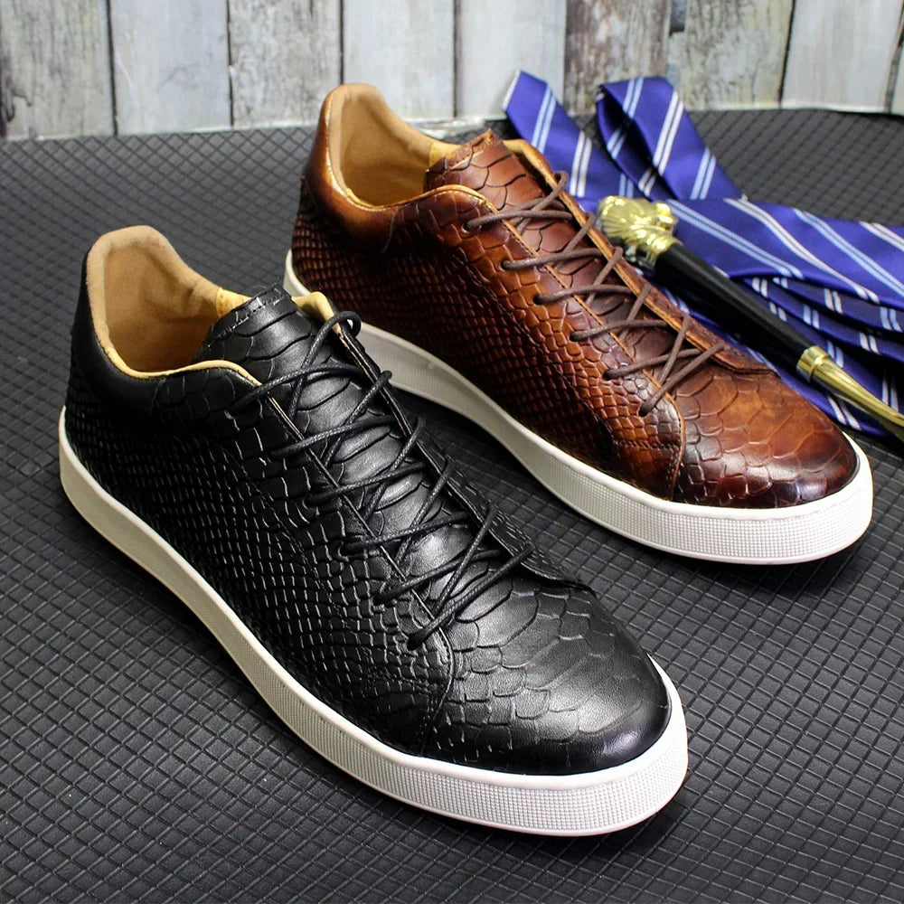 Men's Casual Cow Leather Lace-Up Snake Pattern Derby Shoes