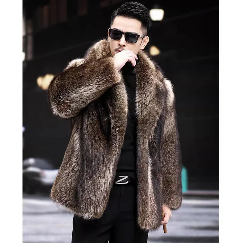 Men's Autumn Winter Thick Faux Fox Fur Parka Coat