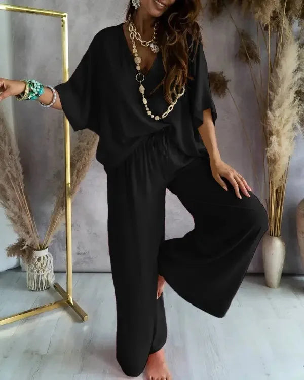 Women's V-Neck Bat-Sleeve Top and Lace-Up Wide-Leg Pants Set