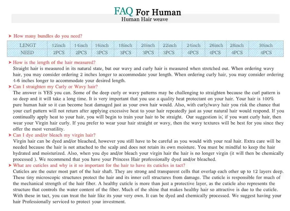 FAQ for Human Hair weave providing information about bundle needs, hair measurements, and care tips for straight and wavy hair.