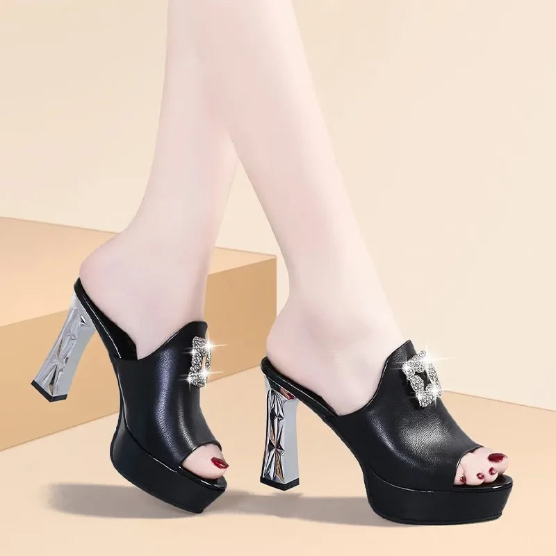 Women's Fish-Mouth Block-Heel Platform Rhinestone Sandals